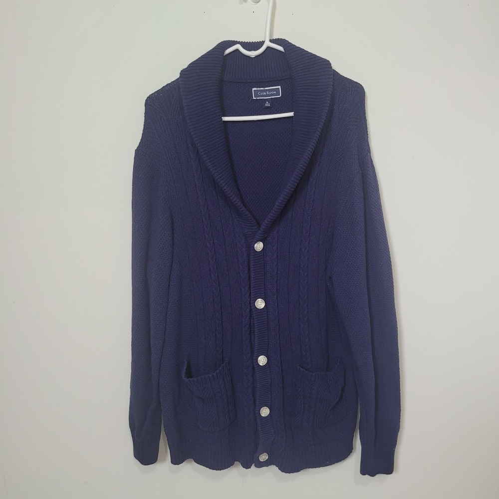 Club Room XL Cable Knit Shawl Collar Cardigan Mens Navy Blue Cotton Sweater